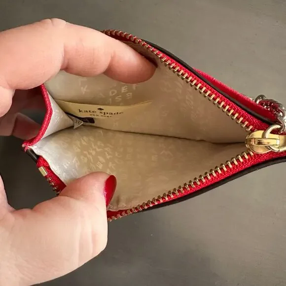 Kate Spade Bright Red Saffiano Leather Zip Top Card Holder Keychain Wallet - Picture 5 of 8